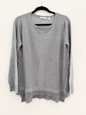 Gray Long Sleeve Light Sweater with Crochet Lace Hem
